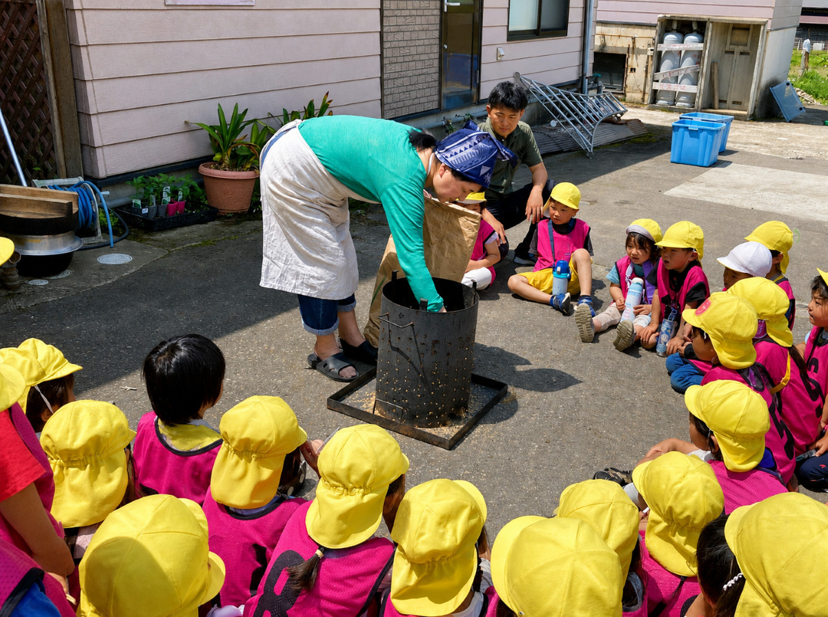 ぬか釜を囲む子どもたち