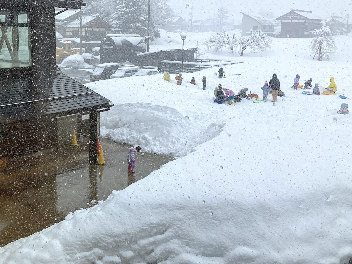 子どもの背丈よりも高く積雪のある、南魚沼どろんこ保育園の園庭