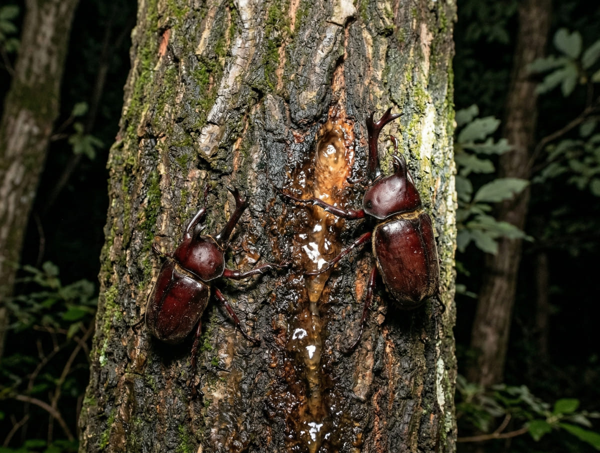 木の幹で蜜を求めるカブトムシ