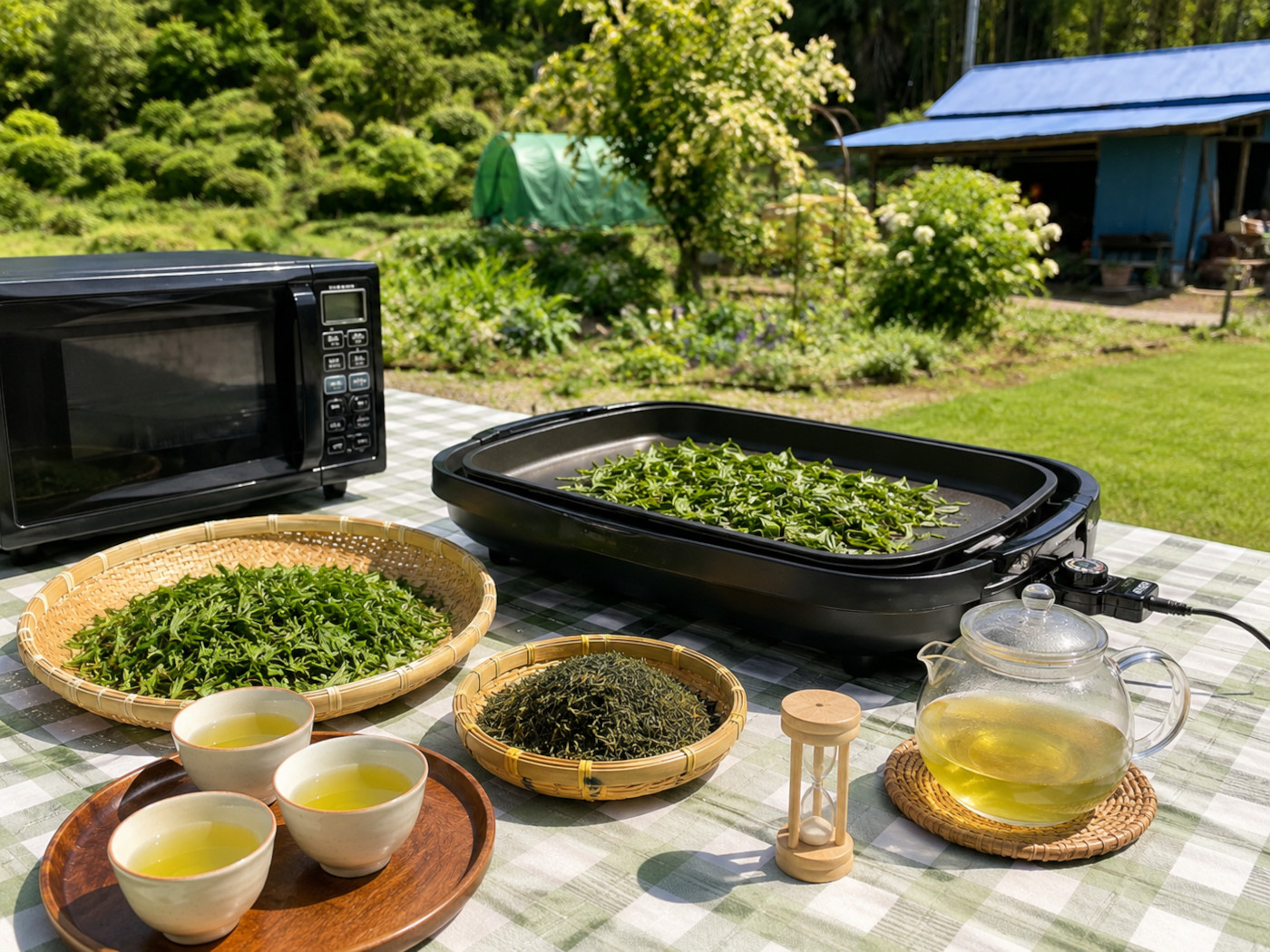 庭で摘んだ茶葉を使ってお茶を淹れる